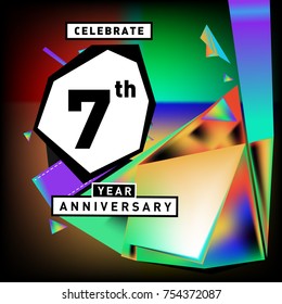 7th years anniversary card with colorful background. Seven years birthday logo on geometric colorful background.