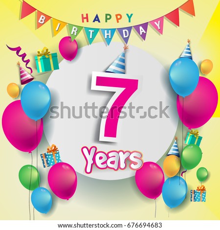 7th years Anniversary Celebration, birthday card or greeting card design with gift box and balloons, Colorful vector elements for the celebration party of seven years anniversary.