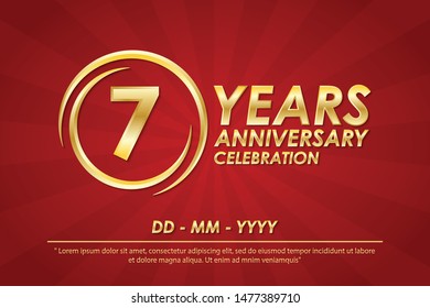 7th years anniversary celebration emblem. anniversary logo with ring and elegance of golden on red background, vector illustration template design for celebration greeting card and invitation card