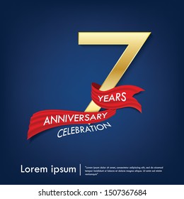 7th years anniversary celebration emblem. anniversary elegance golden logo with red ribbon on dark blue background, vector illustration template design for celebration greeting and invitation card