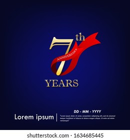 7th years anniversary celebration emblem. anniversary elegance golden logo with red ribbon on dark blue background, vector illustration template design for web, celebration greeting & invitation card