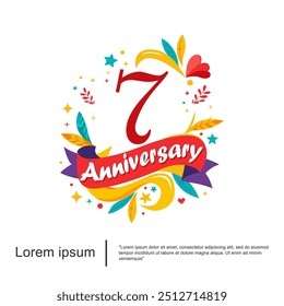 7 anos aniversário comemoração logotipo emblema isolado colorido e alegre com folhas, fitas e estrelas no fundo branco. vetor ilustração modelo design para web, folhetos, cartaz, saudação 