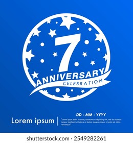 7th years anniversary celebration emblem. white anniversary logo isolated with ribbon and stars ball on blue background. vector illustration template design for web, flyers, poster, greeting card