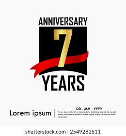 7th years anniversary celebration emblem. elegant golden anniversary logo isolated with red ribbon on white background. vector illustration template design for web, flyers, poster, greeting