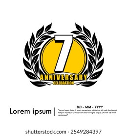 7th years anniversary celebration emblem. anniversary logo isolated with laurel wreath on white background. vector illustration template design for web, flyers, poster, invitation card, greeting card