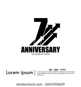 7th years anniversary celebration emblem. anniversary logo isolated with arrow lines growth up to target on white background. vector illustration template design for web, flyers, poster, greeting card