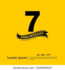 7th years anniversary celebration emblem. black logo isolated with ribbon on yellow background. vector illustration template design for web, flyers, poster, greeting card and invitation card