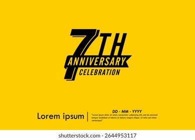 7th years anniversary celebration emblem. black logo isolated with ribbon on yellow background. vector illustration template design for web, flyers, poster, greeting card and invitation card