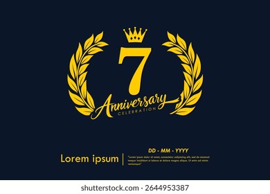 7th years anniversary celebration emblem. yellow anniversary logo isolated with laurel wreath and crown on dark background. vector illustration template design for web, flyers, poster, greeting card