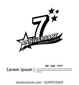 7th years anniversary celebration emblem. black anniversary logo isolated with ribbon and stars on white background. vector illustration template design for web, flyers, poster, greeting card
