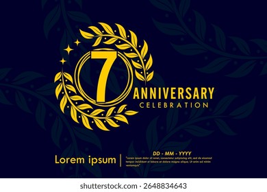 7th years anniversary celebration emblem. congratulations anniversary yellow logo with laurel wreath and stars on dark background. vector illustration template design for web, flyers, poster, greeting