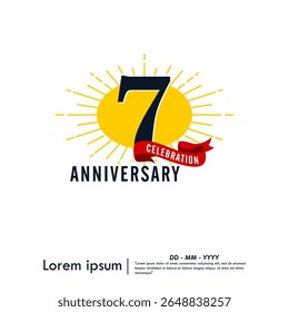 7th years anniversary celebration emblem. congratulations anniversary logo isolated with red ribbon and starburst on white background. vector illustration template design for web banner