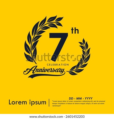 7th years anniversary celebration emblem. anniversary logo isolated with laurel wreath and ribbon on yellow background. vector illustration template design for web, flyers, poster, greeting card