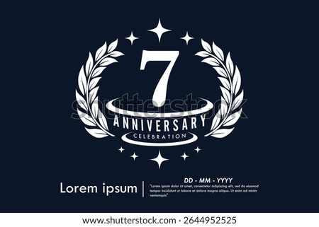 7th years anniversary celebration emblem. congratulations anniversary logo isolated with laurel wreath and stars on Black background. vector illustration template design for web banner