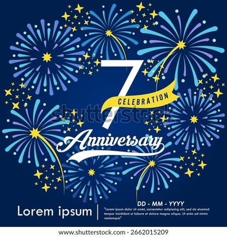7th years anniversary celebration emblem. congratulations anniversary logo isolated with yellow ribbon and fireworks sparkle on blue background. vector illustration template design for web banner