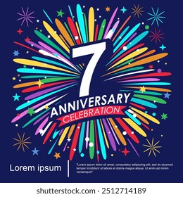 7th years anniversary celebration logo isolated with ribbon, stars and fireworks sparkle twinkle. vector illustration template design for web, flyers, poster, invitation card or greeting card