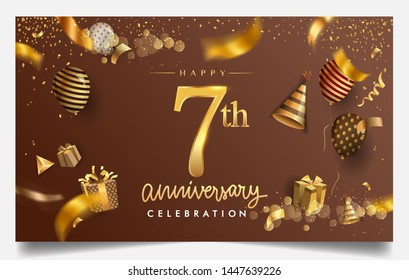 7th Years Anniversary Design For Greeting Cards And Invitation, With Balloon, Confetti And Gift Box, Elegant Design With Gold And Dark Color, Design Template For Birthday Celebration.