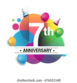 7th years anniversary logo, vector design birthday celebration with colorful geometric, Circles and balloons isolated on white background.