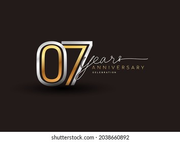 7th years anniversary logotype with multiple line silver and golden color isolated on black background for celebration event.