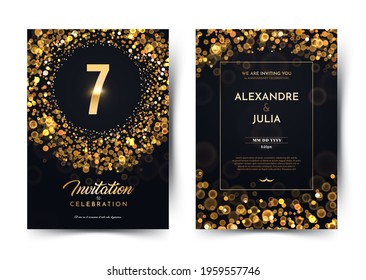 7th years birthday vector black paper luxury invitation double card. Seven 
years wedding anniversary celebration brochure. Template of invitational for print on dark background with bokeh lights 