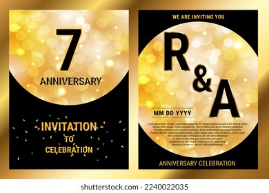 7th years birthday vector black paper luxury invitation double card. Wedding anniversary celebration brochure. Template of invitational for print hitam and gold background