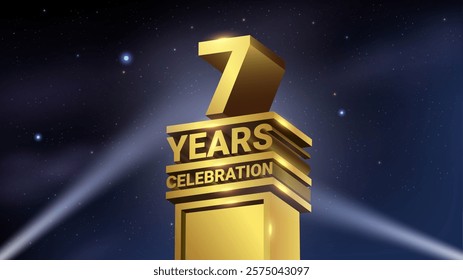 7th Years Celebration, 3D Gold Statue with Spotlights, Luxury Hollywood Light, Vector Illustration