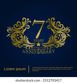 7 anos de emblema de celebração de aniversário de ouro elegante. logotipo isolado com pinceladas arredondadas por espirais ornamentados e floreios. modelo de ilustração vetorial para web, folhetos, cartaz, saudação