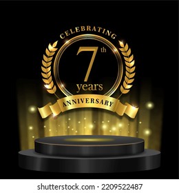 7th years golden anniversary logo celebration with ring ribbon and 3d podium. isolated on black background