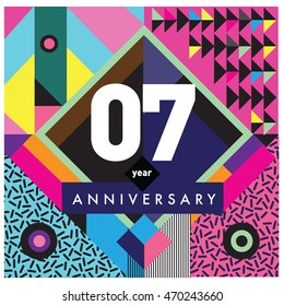 7th years greeting card anniversary with colorful number and frame. logo and icon with Memphis style cover and design template