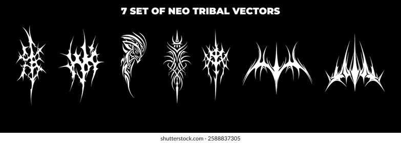 7x Set Decorative shaped frames with retro baroque ornaments. Cyberpunk vector design elements, gothic aesthetics