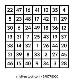 7x7 magic square of order 7 of astrological planet Venus with magic constant 175. The sum of numbers in any row, column, or diagonal is always one hundred seventy-five. Illustration over white. Vector