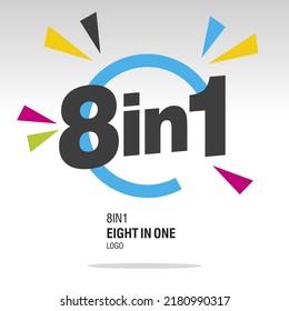 8 in 1 logo design, letters in broken circle with colorful bang of confetti on white background