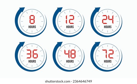 iconos de flecha de reloj de 8, 12, 24, 36, 48 y 72 horas. Servicio de entrega, Tiempo de espera del acuerdo en línea. Símbolos de sitios web