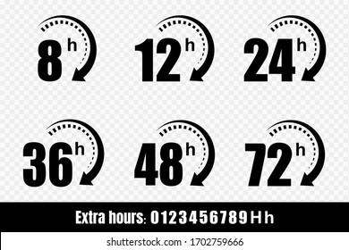 Iconos vectoriales de flecha de reloj 8, 12, 24, 48 y 72 horas. Servicio de entrega, oferta en línea los símbolos del sitio web de tiempo restante. Ilustración vectorial.