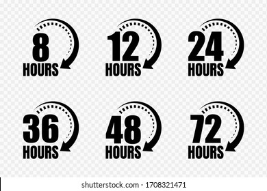 8, 12, 24, 48 and 72 hours clock arrow vector icons. Delivery service, online deal remaining time website symbols. Vector illustration.