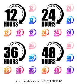 iconos vectoriales de flecha de reloj de 8, 12, 24, 48 y 72 horas. Servicio de entrega, oferta en línea de los símbolos del sitio web de tiempo restante. Ilustración vectorial.