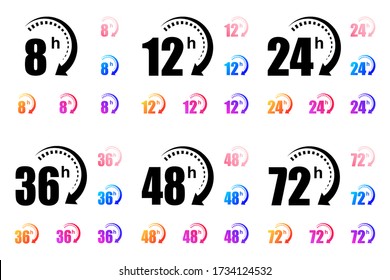 iconos vectoriales de flecha de reloj de 8, 12, 24, 48 y 72 horas. Servicio de entrega, oferta en línea de los símbolos del sitio web de tiempo restante. Ilustración vectorial.