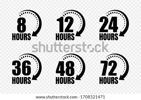 8, 12, 24, 48 and 72 hours clock arrow vector icons. Delivery service, online deal remaining time website symbols. Vector illustration.