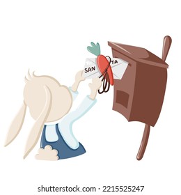 8 - 25 Cute bunny puts envelope with carrot and letter to Santa Claus to post box. Christmas, New Year and Easter coloured vector illustration for product design Collection of rabbits in cartoon style