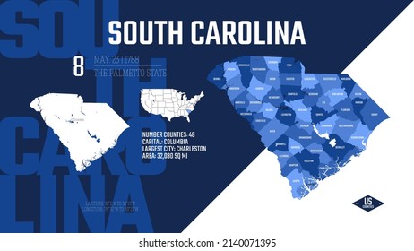 8 of 50 states of the United States, divided into counties with territory nicknames, Detailed vector South Carolina Map with name and date admitted to the Union, travel poster and postcard