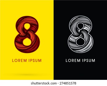 8 ,Abstract Number , font, concept  Spin, designed using red,black and white, grunge brush, sign.