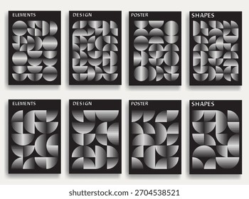 8 abstrakte Poster mit feinen Linienstrukturen - moderne geometrische Kreise und Halbkreise Muster mit dicken und fetten Linien für modernes Design erstellt. Formen für Poster und Branding. 