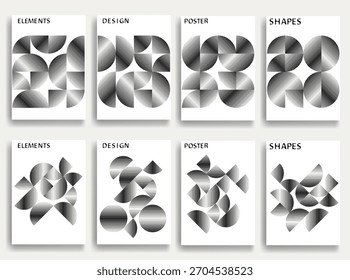 8 cartazes abstratos definidos com texturas de linha fina - círculos geométricos modernos e padrão de semicírculos criados com linhas grossas e em negrito para o design moderno. Formas para cartazes e marcas. 