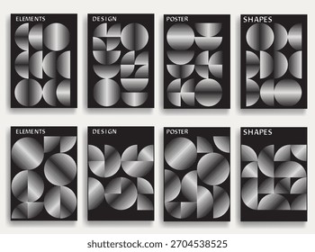 8 cartazes abstratos definidos com texturas de linha fina - círculos geométricos modernos e padrão de semicírculos criados com linhas grossas e em negrito para o design moderno. Formas para cartazes e marcas. 