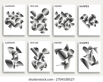 8 cartazes abstratos definidos com texturas de linha fina - círculos geométricos modernos e padrão de semicírculos criados com linhas grossas e em negrito para o design moderno. Formas para cartazes e marcas. 
