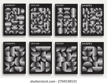 8 cartazes abstratos definidos com texturas de linha fina - círculos geométricos modernos e padrão de semicírculos criados com linhas grossas e em negrito para o design moderno. Formas para cartazes e marcas. 