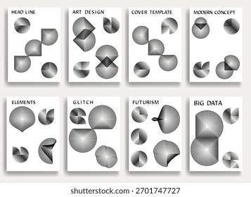 8 cartazes abstratos definidos com formas de linhas geométricas abstratas - formas modernas de linhas deformadas e linhas concêntricas para cartazes e marcas. Conjunto de padrões geométricos ópticos. Ilustração vetorial.