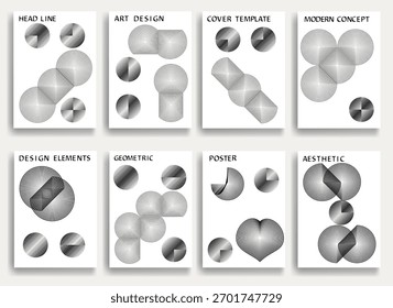 8 abstract posters set with abstract geometric line shapes - modern warped line shapes and concentric line  for posters and branding. Optical geometric pattern set. Vector illustration.