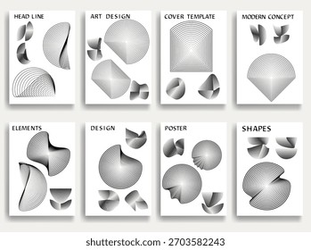 8 abstract posters set with abstract geometric line shapes - modern warped line shapes and concentric line shapes for posters and branding. Optical geometric pattern set. Vector illustration.

