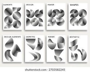 8 carteles abstractos con Formas de líneas geométricas abstractas: Formas de líneas deformadas modernas y Formas de líneas concéntricas para carteles y marcas. Conjunto de patrón geométrico óptico. Ilustración vectorial.

